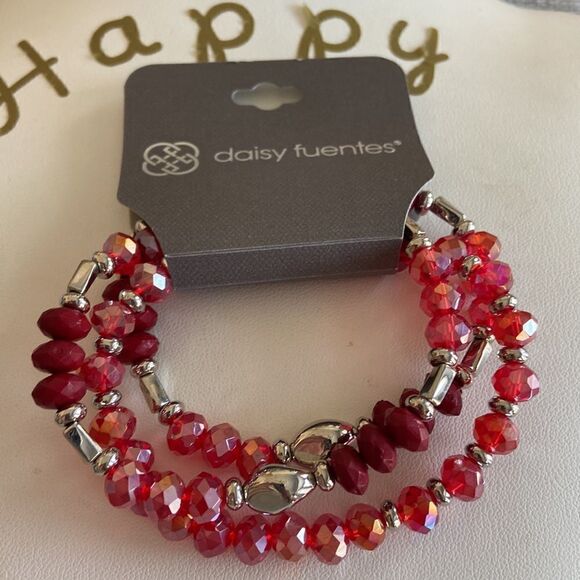 Daisy Fuentes Elastic 3 bracelets Beads red and silver color NWT - Picture 3 of 5